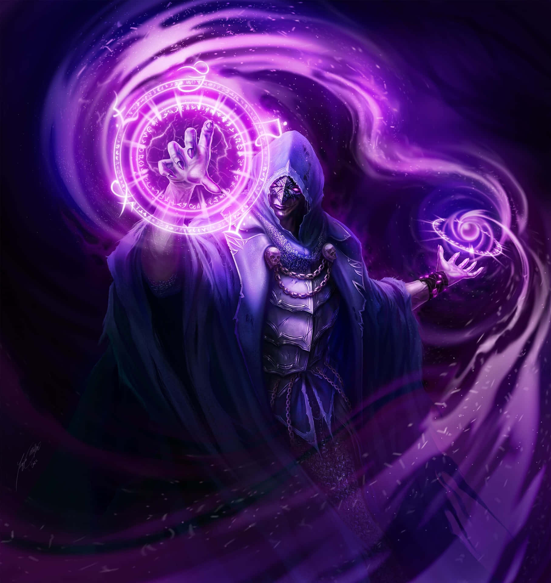 Mysterious Dark Wizard Summoning Magic Powers in a Fantasy World Wallpaper