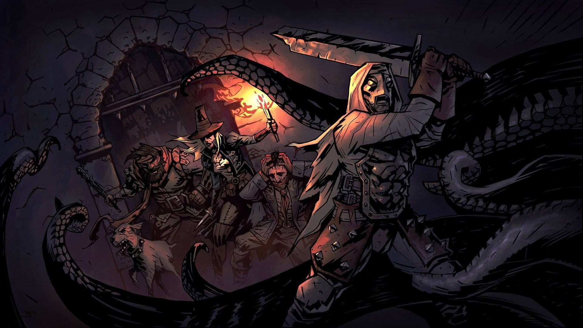 A menacing leper takes on a powerful guardian in Darkest Dungeon Wallpaper