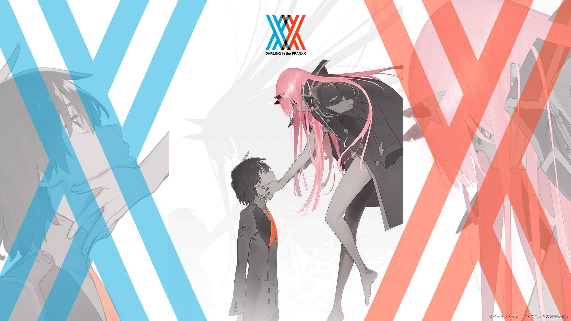 Hiro and Zero Two in iconic pose of 'Darling in the Franxx' Wallpaper