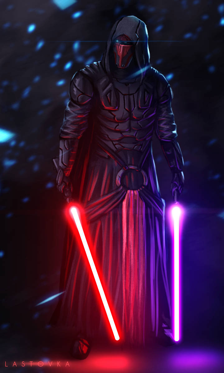Darth Revan watches from the shadows, wielding two neon colored lightsabers Wallpaper