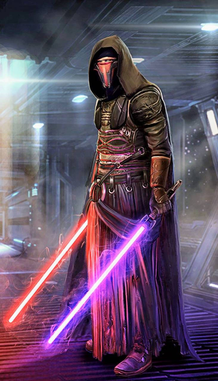 Darth Revan confidently wields two powerful weapons. Wallpaper