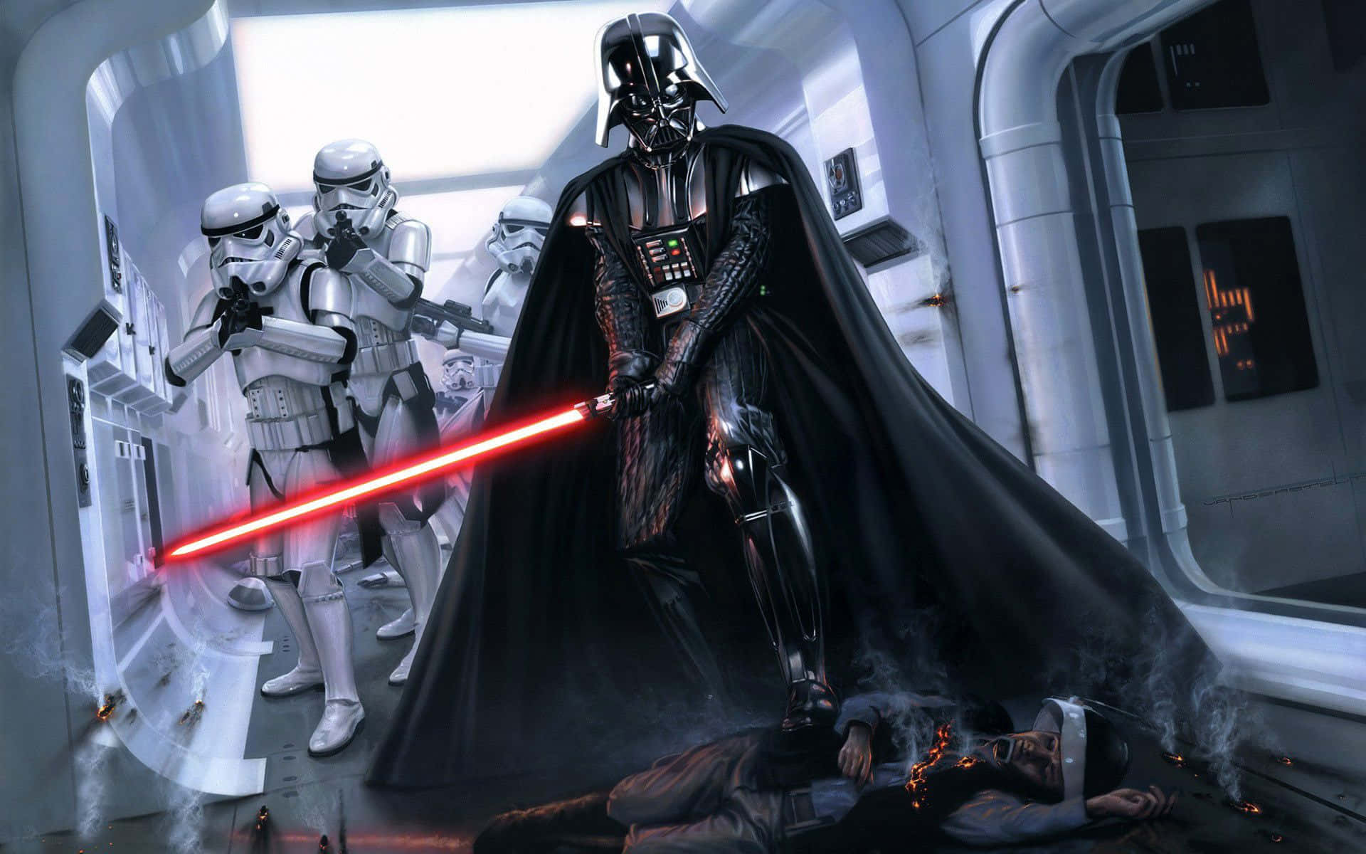 Darth Vader looms intimidatingly over the rebellion.