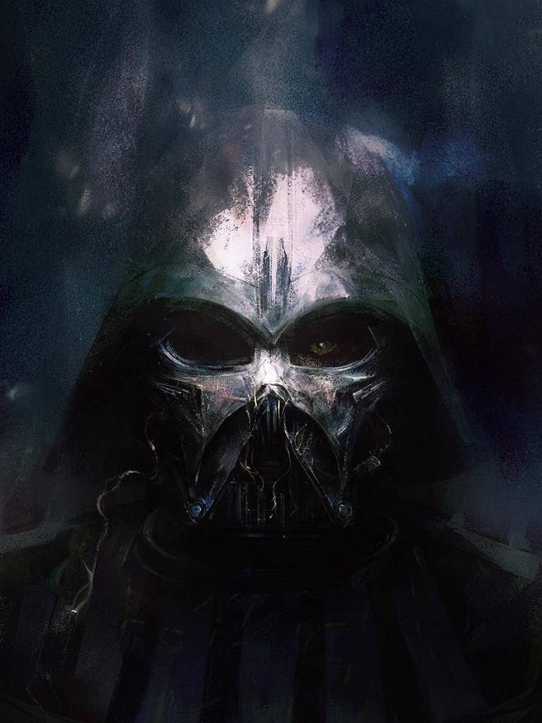 Darth Vader stares menacingly with intent eyes and a lightsaber Wallpaper