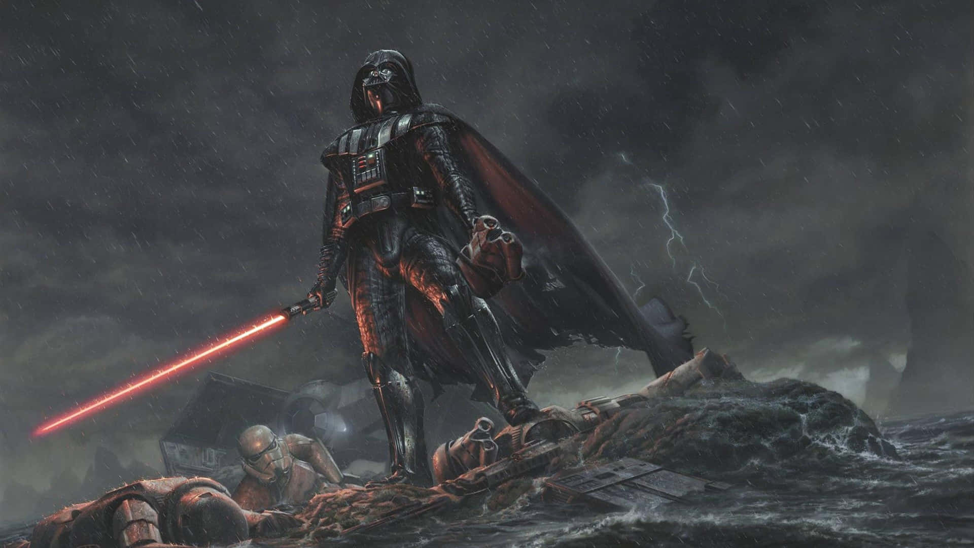 Darth Vader Standing Amongst Wreckage Ultra Wide Wallpaper