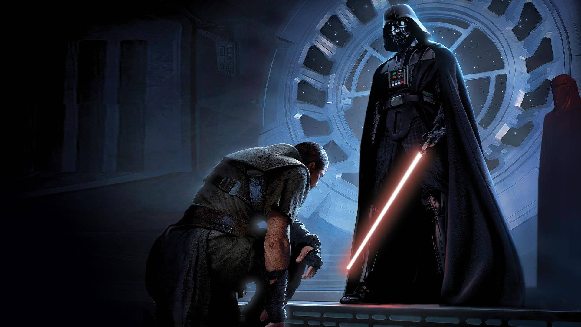 Darth Vader looms over a light saber Wallpaper