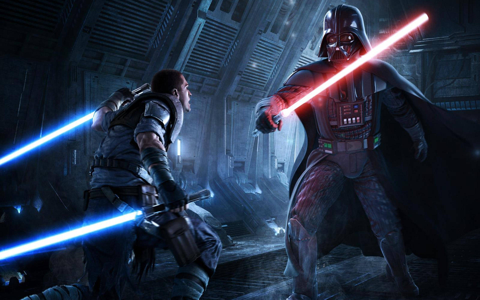 An epic showdown between Darth Vader and a Jedi. Wallpaper