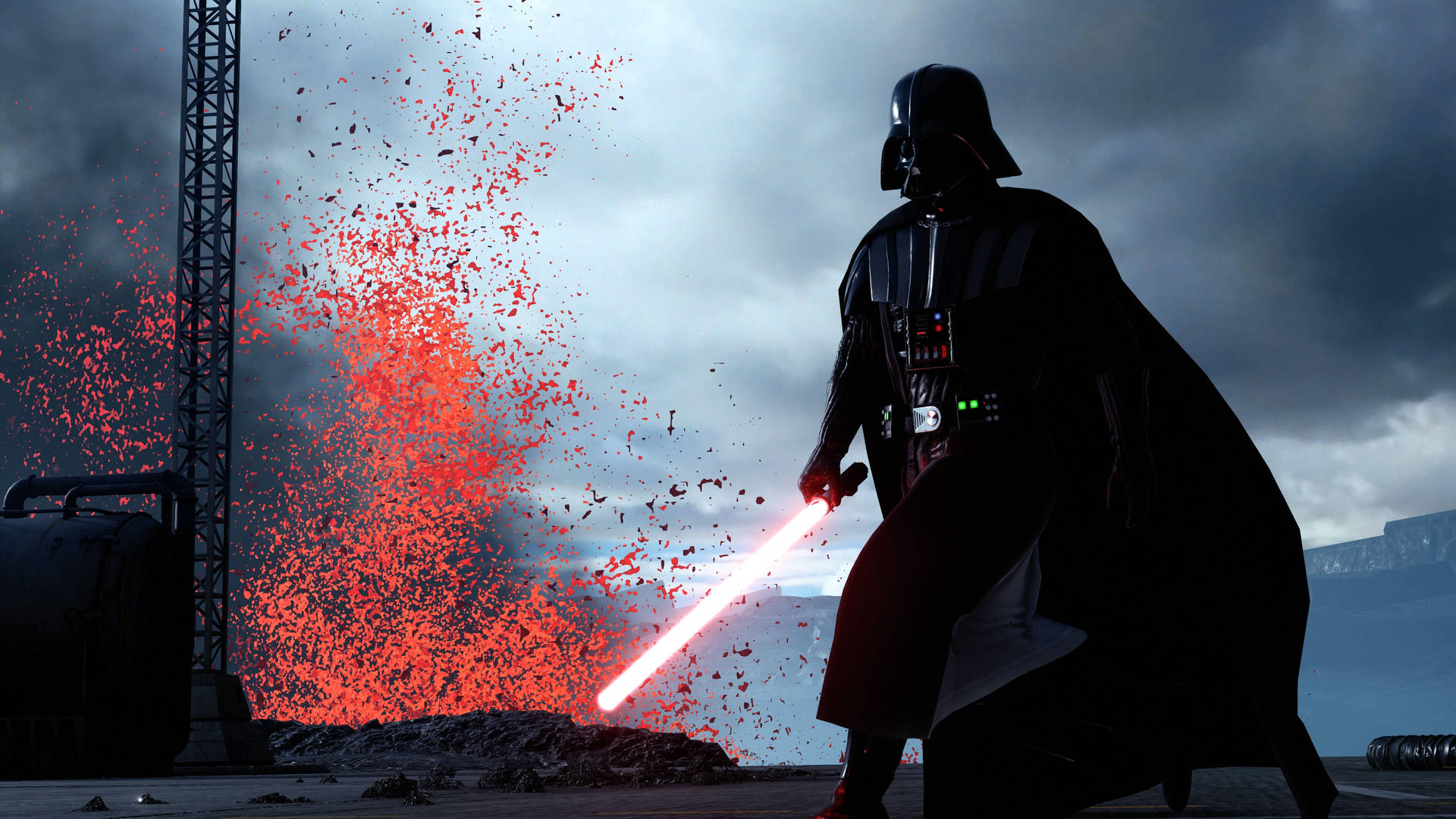 Darth Vader taking a stroll in a terrain of fire and fury. Wallpaper