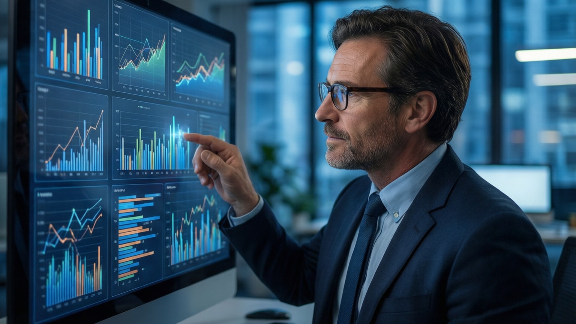Businessman in glasses analyzing charts on a digital screen in a modern office with blue light.
