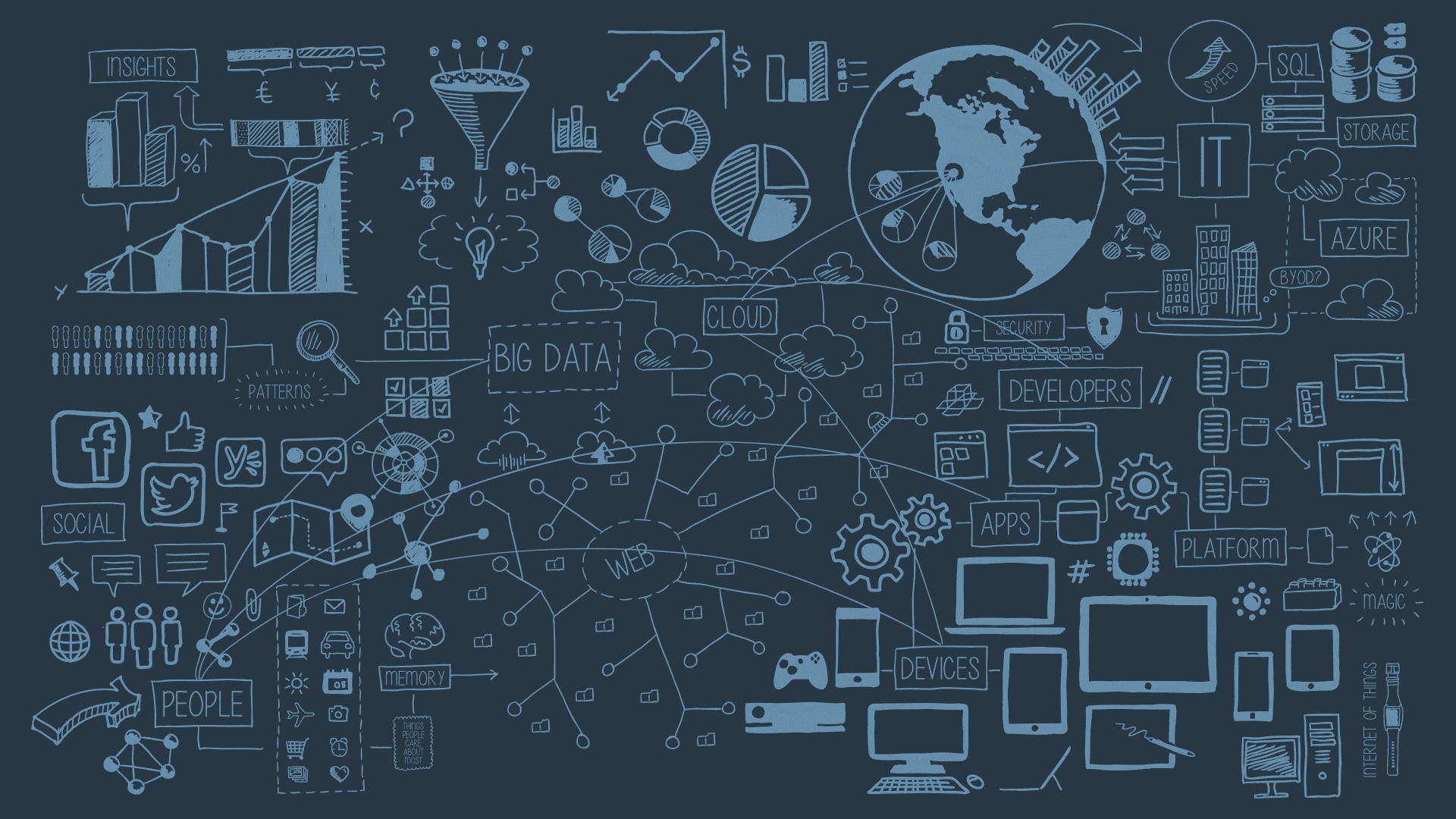 a blue drawing of a business concept Background — A blue-toned digital doodle collage illustrating tech concepts like big data cloud computing and social media interconnected across a globe.