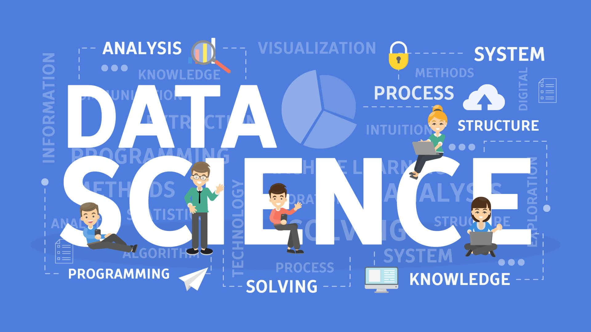 Data Science - A Blue Background With People And The Word Data Science
