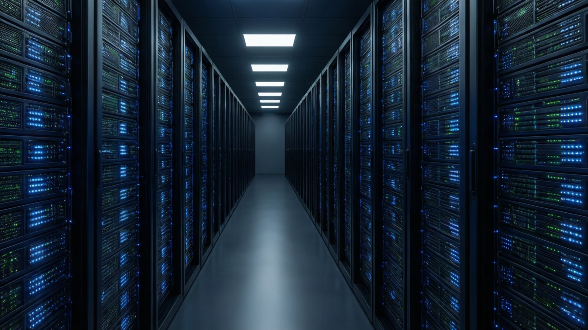 Lang gang med serverracks med lysende lys i et datacenter.