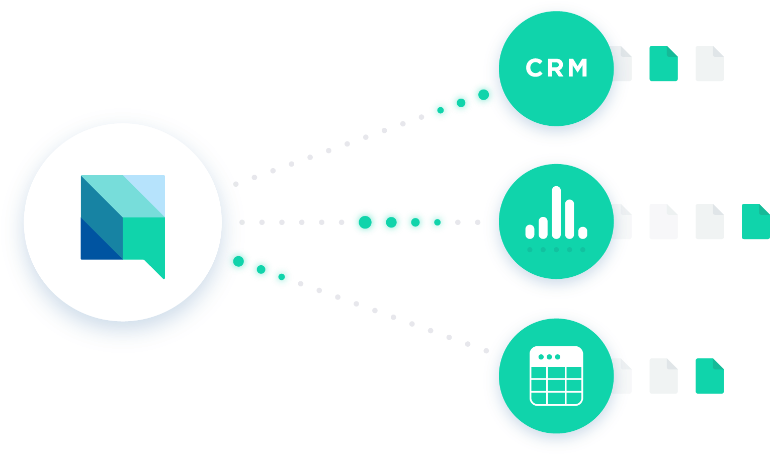Data Integration Flow Chart PNG — A digital illustration showing a central chat icon connected by dotted lines to CRM analytics and calendar modules in teal and blue.