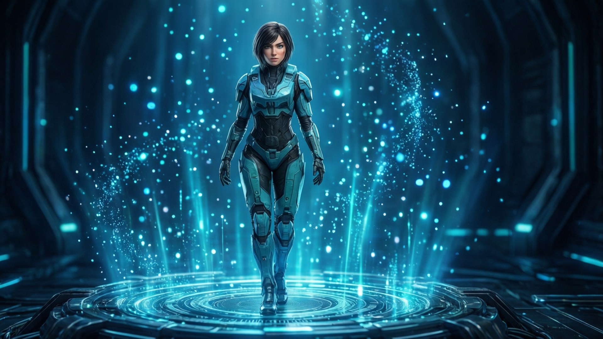 Cortana berdiri di atas platform data bercahaya, partikel berputar di sekelilingnya dalam adegan Halo yang sinematik.