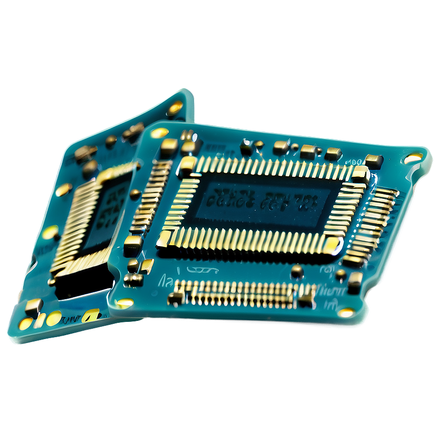 Data Processing Microchip PNG 29 PNG — Two glowing blue circuit boards with gold connectors float against a teal gradient background.
