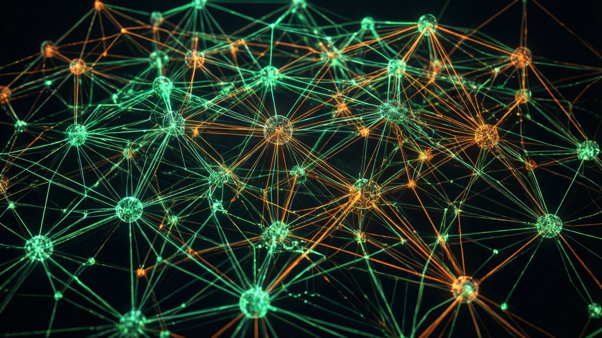 Database Netværk Wallpapers — En tapet, der viser et glødende netværk af datanoder og forbindelser i neongrøn og orange.
