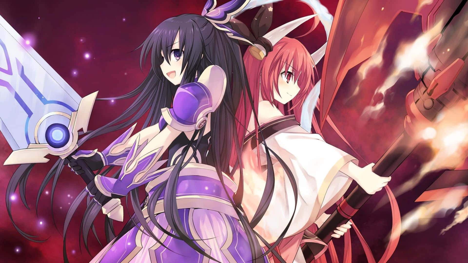 To anime-piger med sværd foran en rød baggrund Wallpaper
