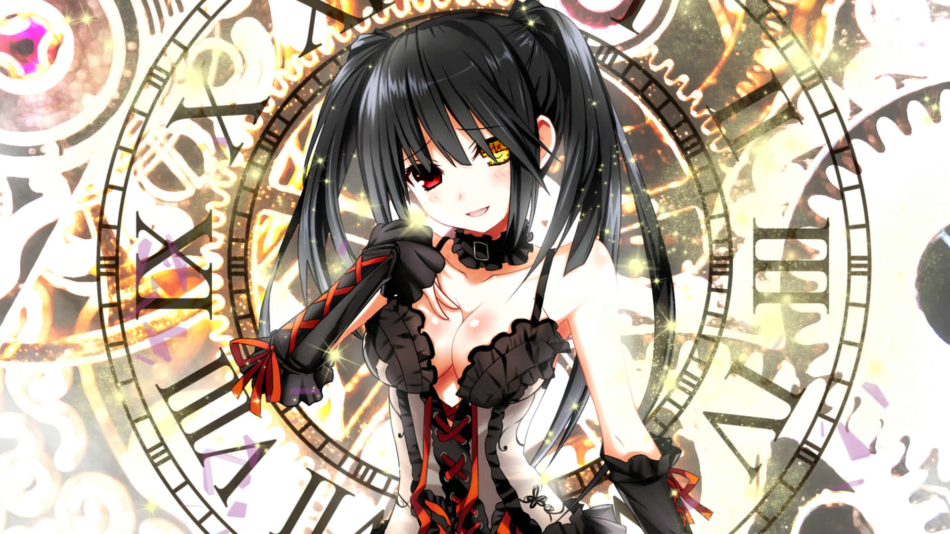 A Girl In A Black Dress Standing In Front Of A Clock Wallpaper