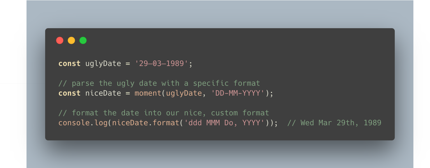 JavaScript code parsing a date string into a readable format in a dark editor — Dating PNG