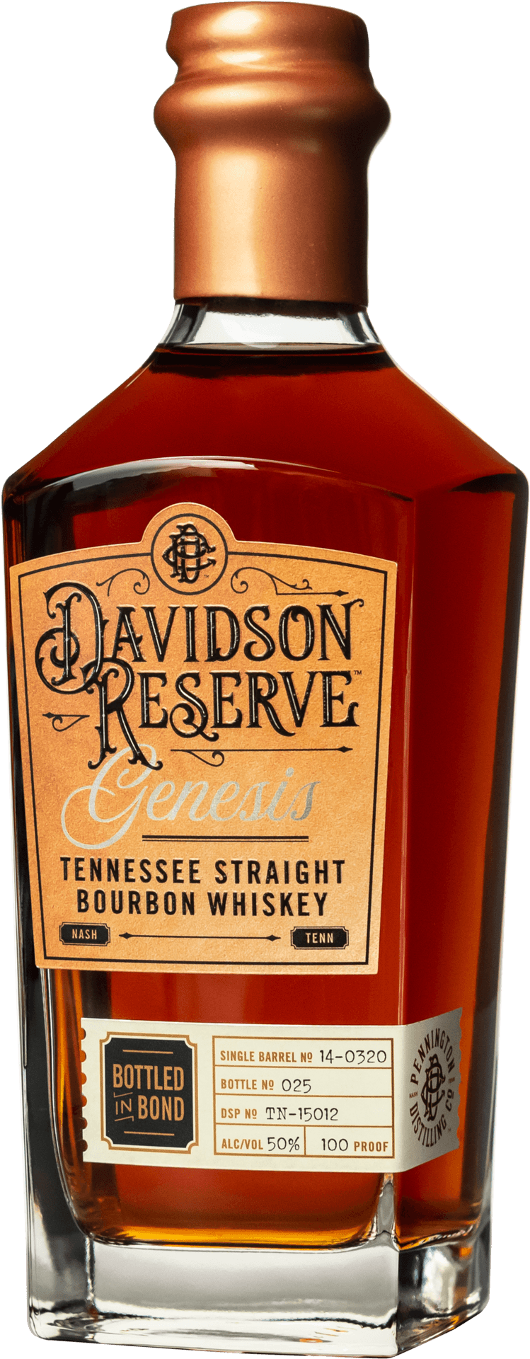 Davidson Reserve Genesis Tennessee Straight Bourbon Whiskey Bottle PNG