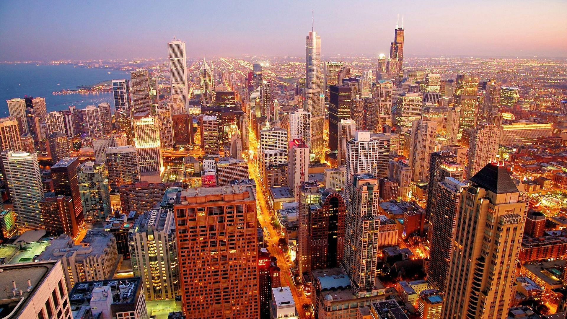 Dawn Chicago Skyline Top Angle View Wallpaper