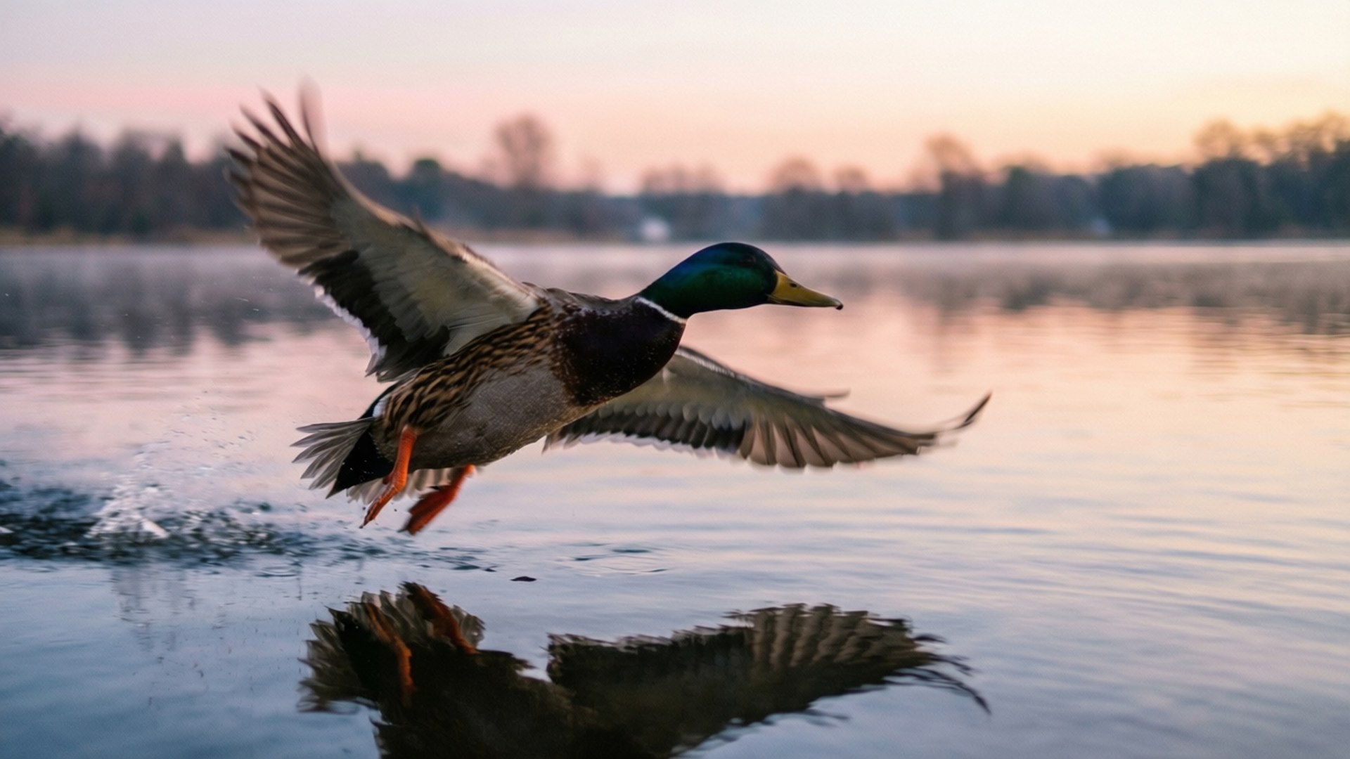 Un germano reale spicca il volo su un lago riflettente all'alba.