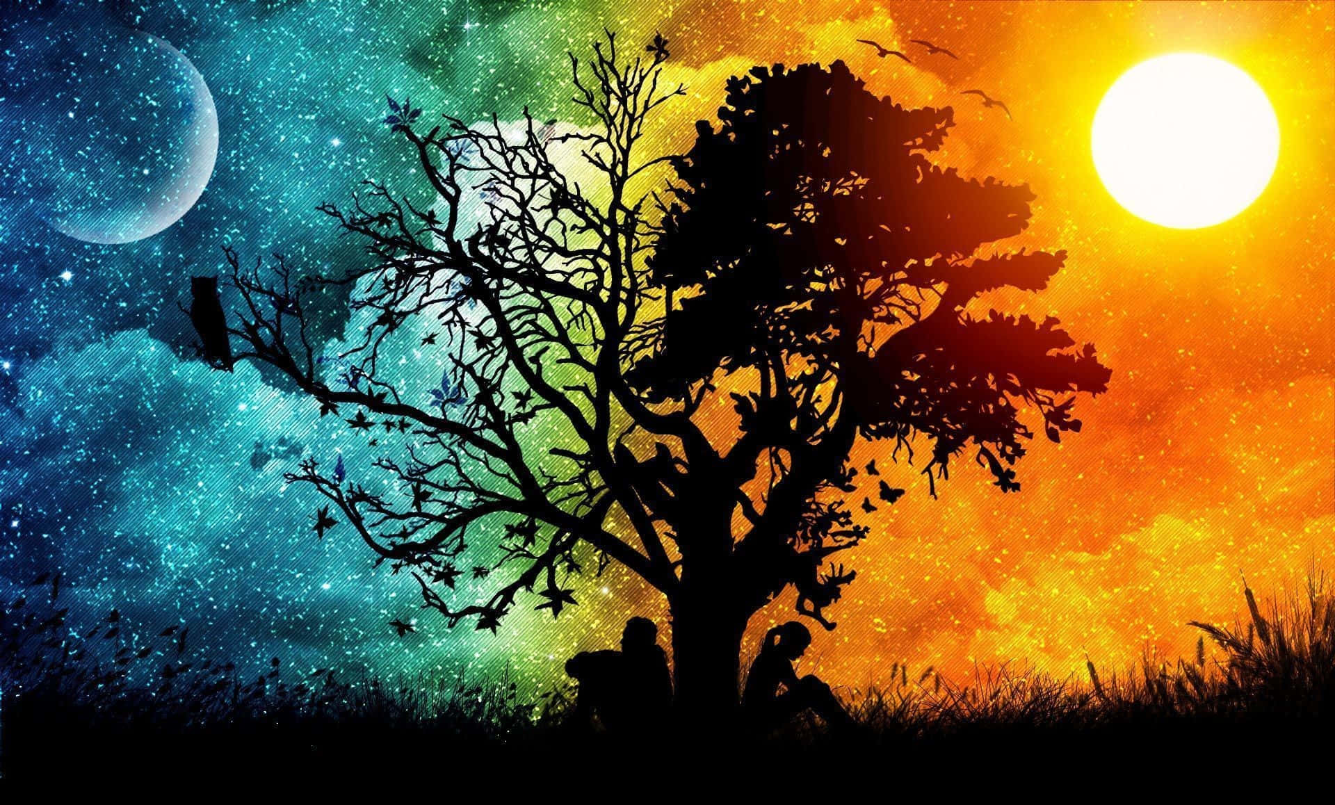 Day Night Tree Silhouette Art Wallpaper