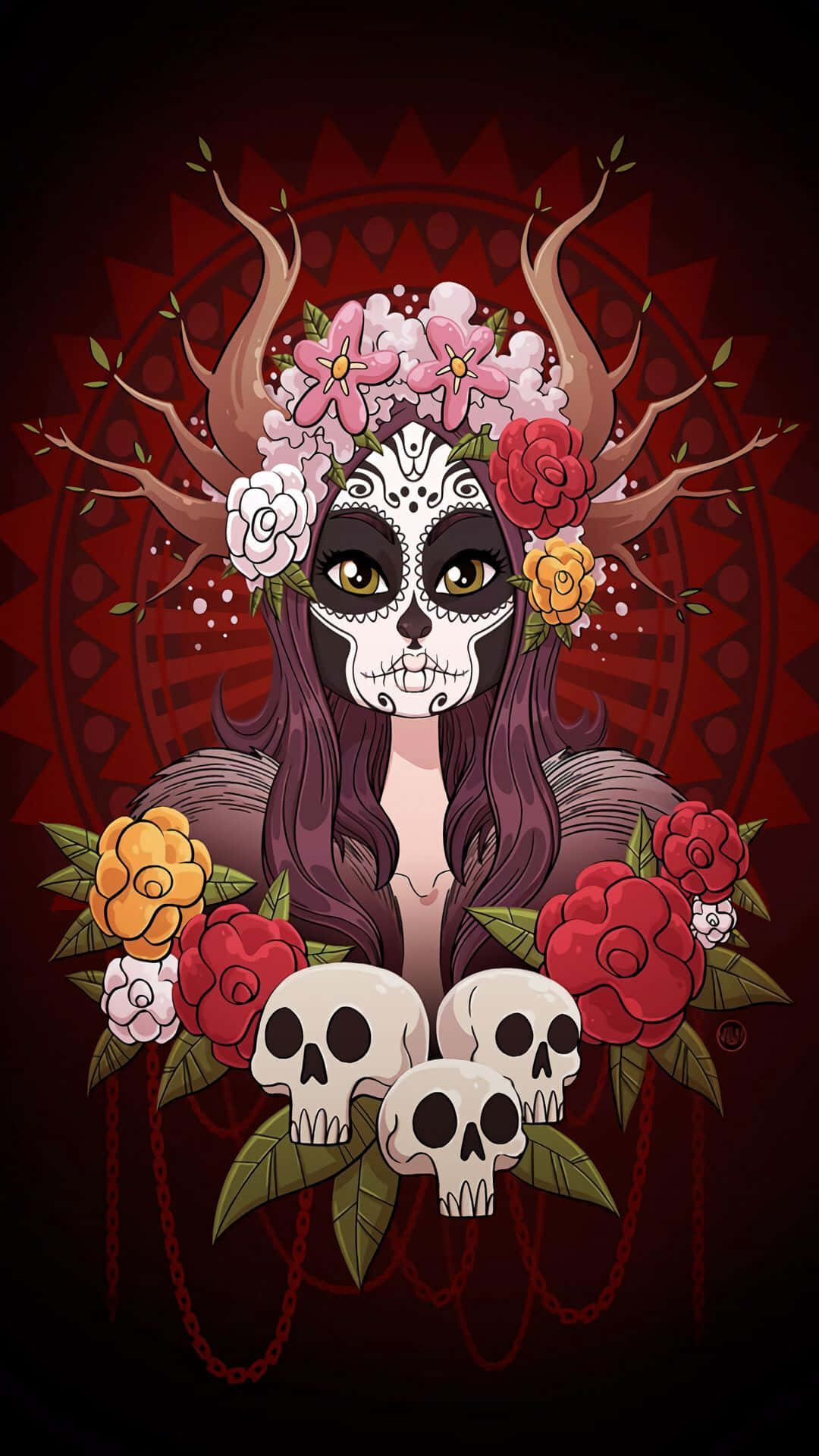 A Woman With Skulls And Flowers On Her Head