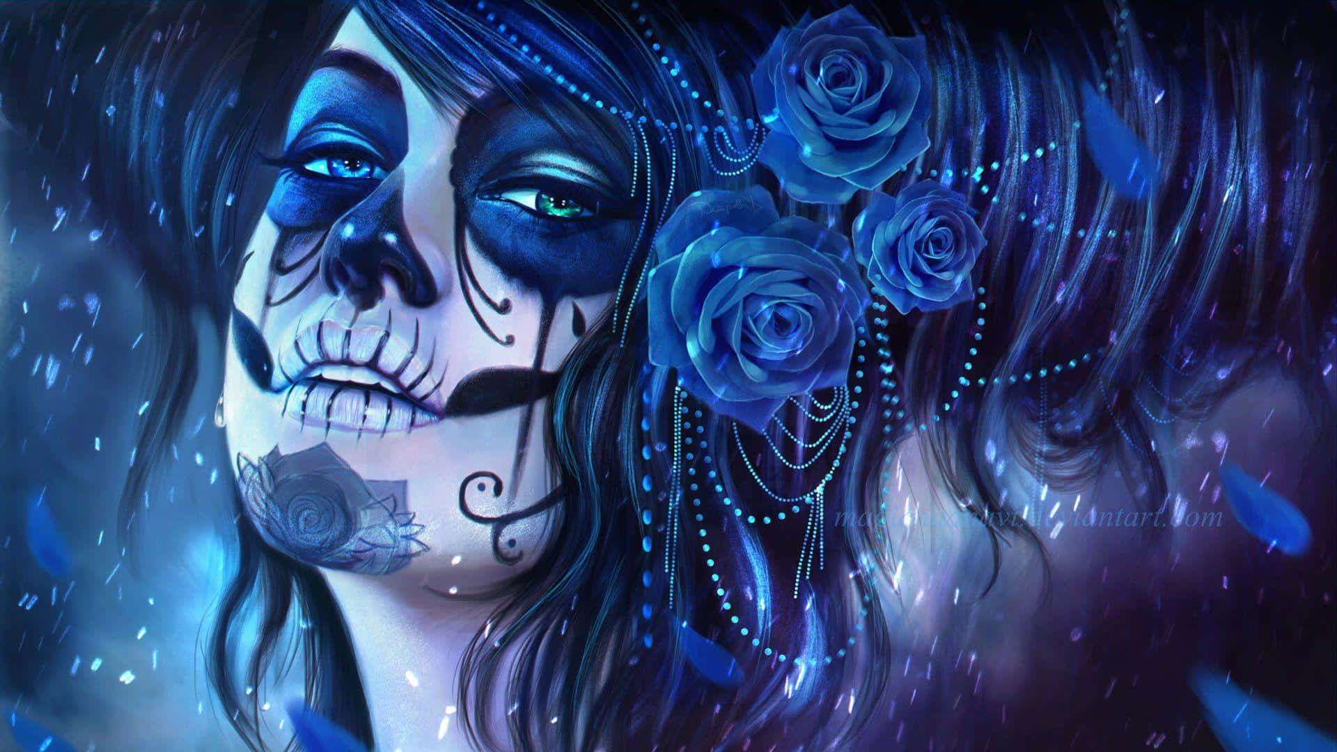 A Woman With Blue Makeup And Roses