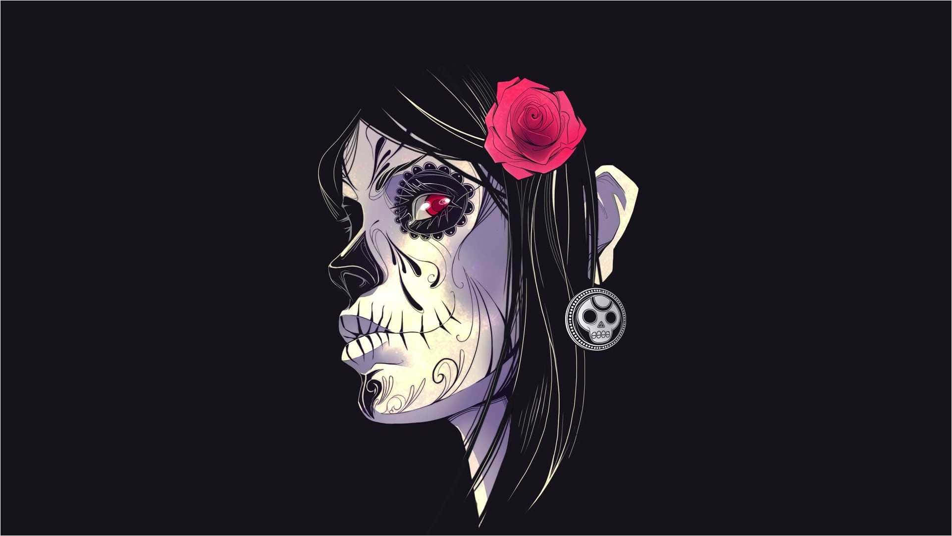 A Woman With A Sugar Skull Face And Red Rose