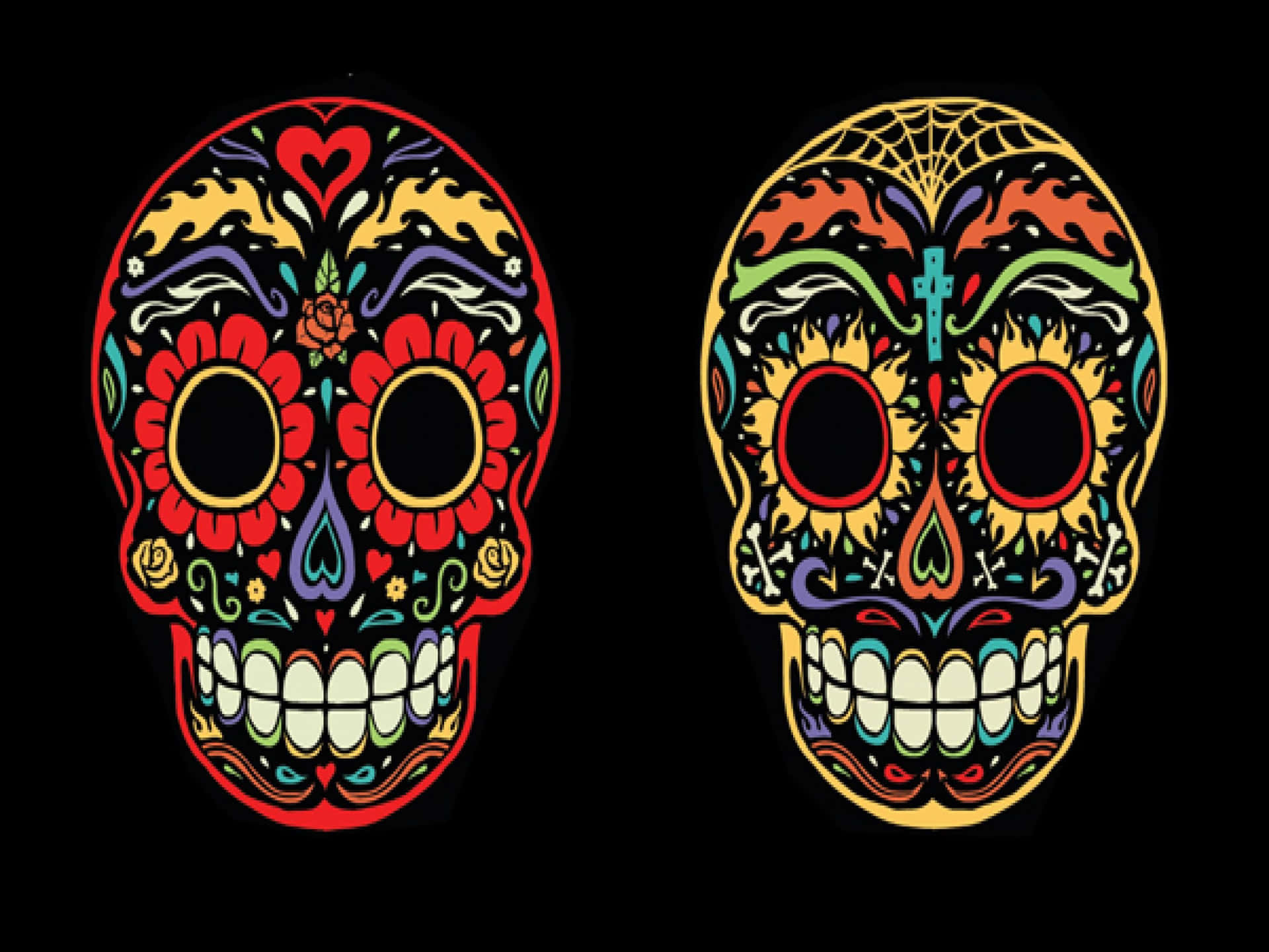 Two Colorful Sugar Skulls On A Black Background