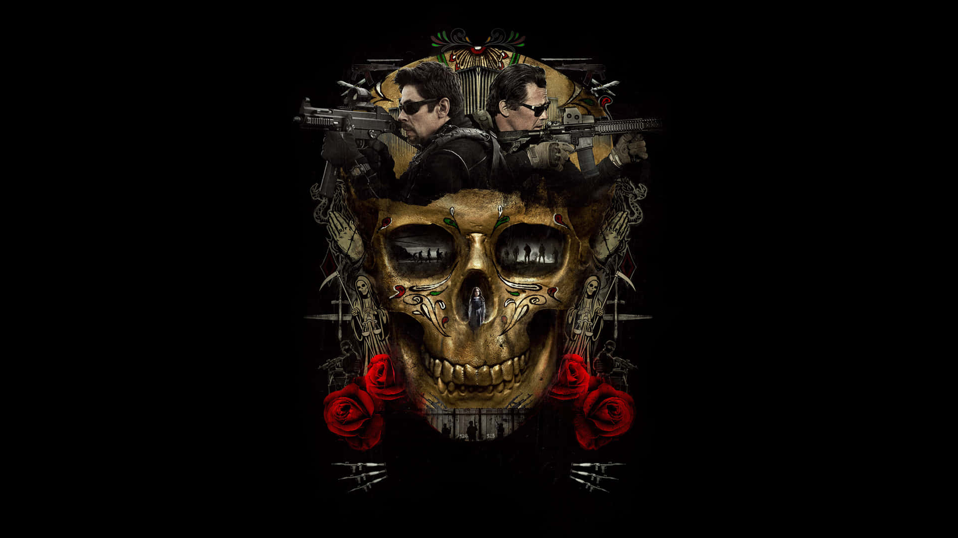 A Skull With Roses And Guns On It