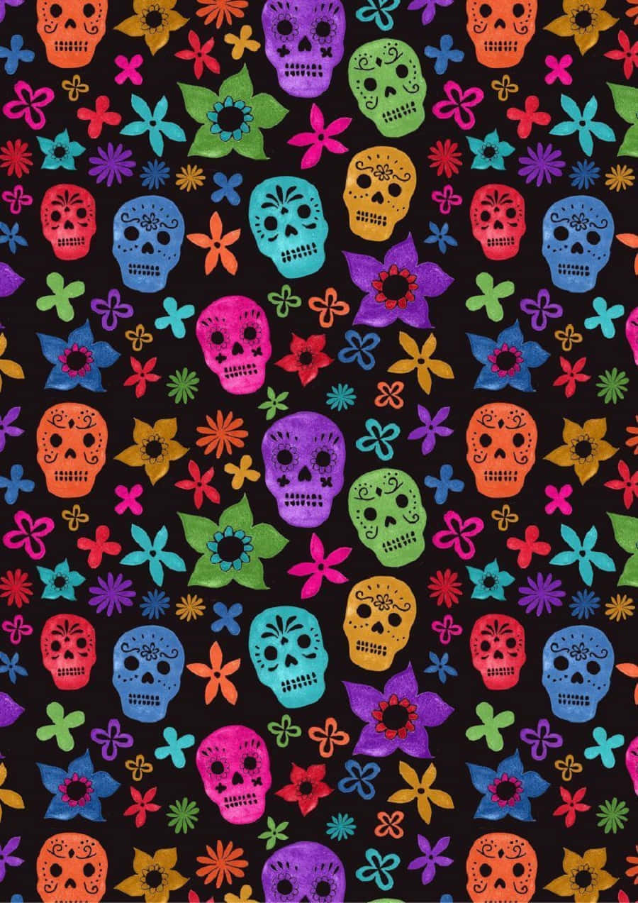 Colorful Sugar Skulls And Flowers On Black Background