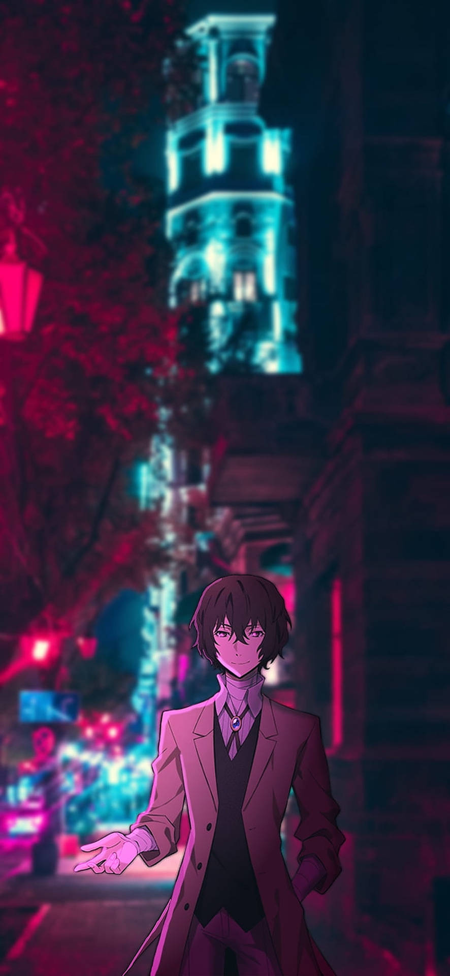 Dazai Osamu in Front of a Luminous Tower Wallpaper