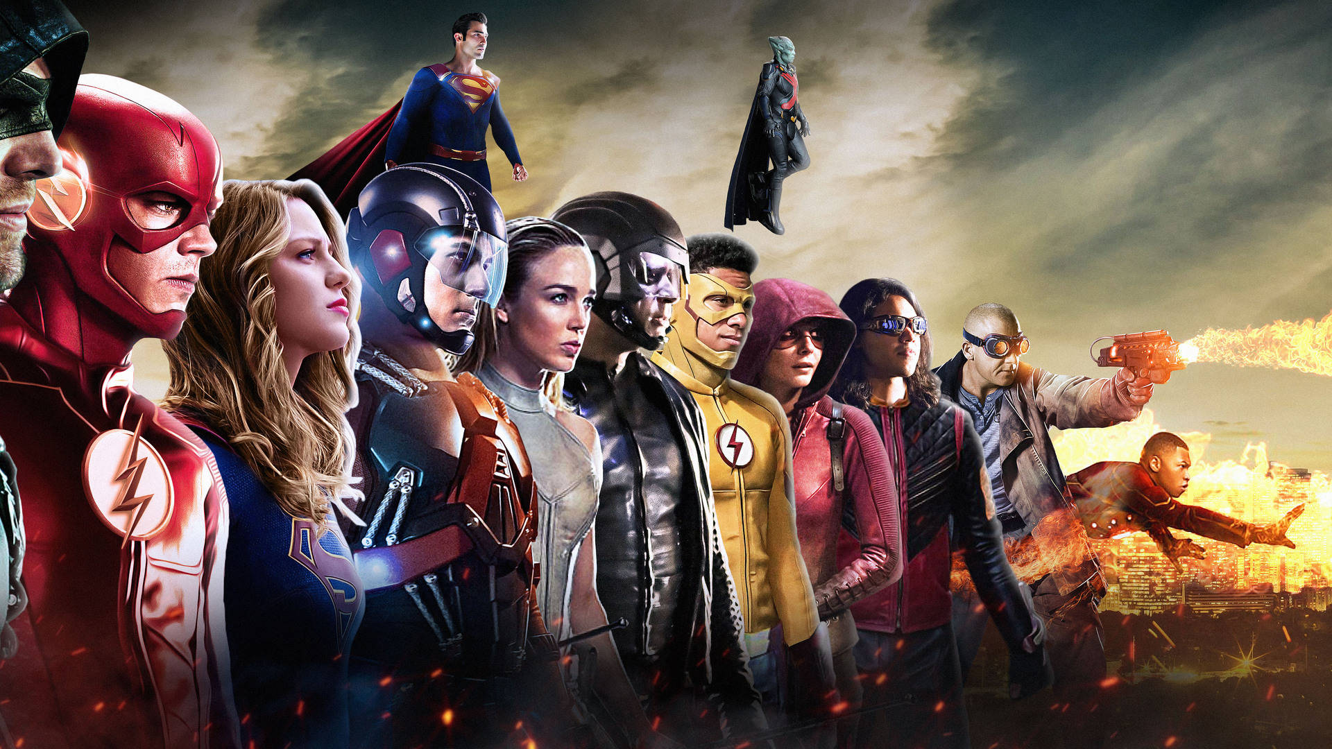 DC Superheroes In Fiery City Wallpaper