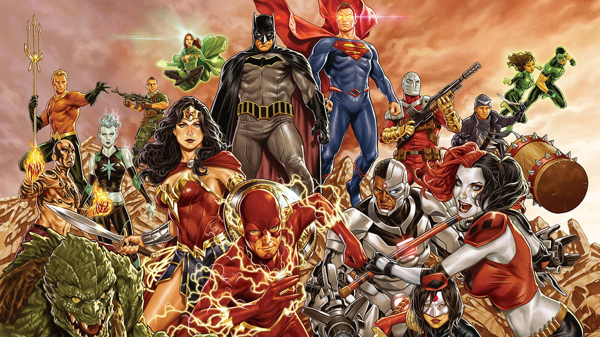 DC Superheroes In The Red Sky Wallpaper
