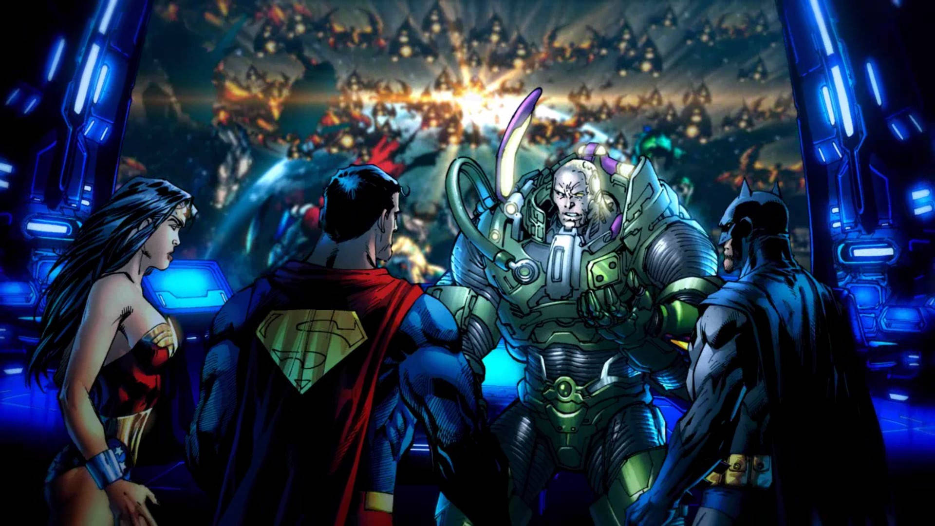 Ilustraciónde La Trinidad De Dc Universe Online Contra Lex Luthor Fondo de pantalla