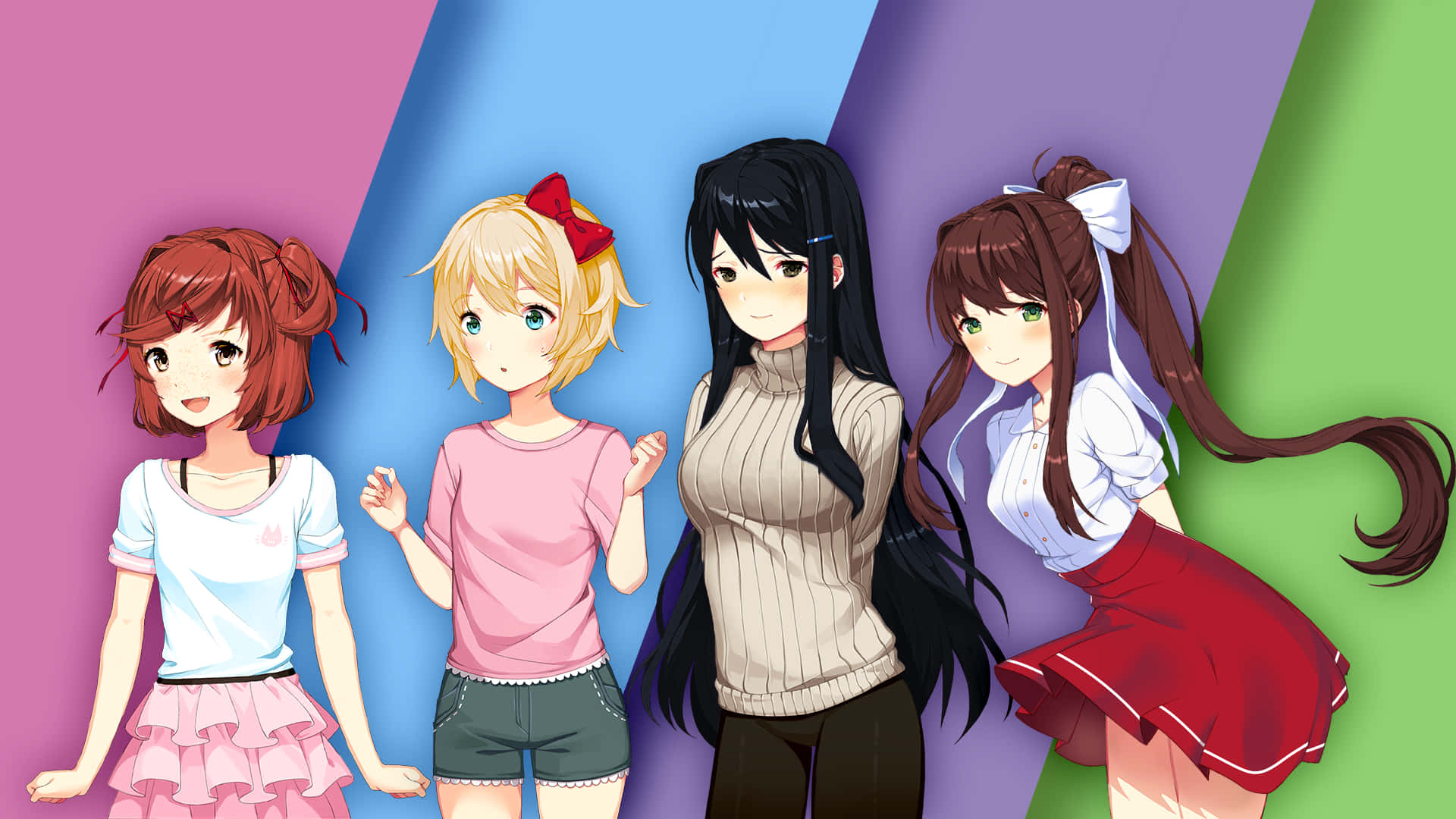 Ddlc Main Characters On Colorful Background Wallpaper