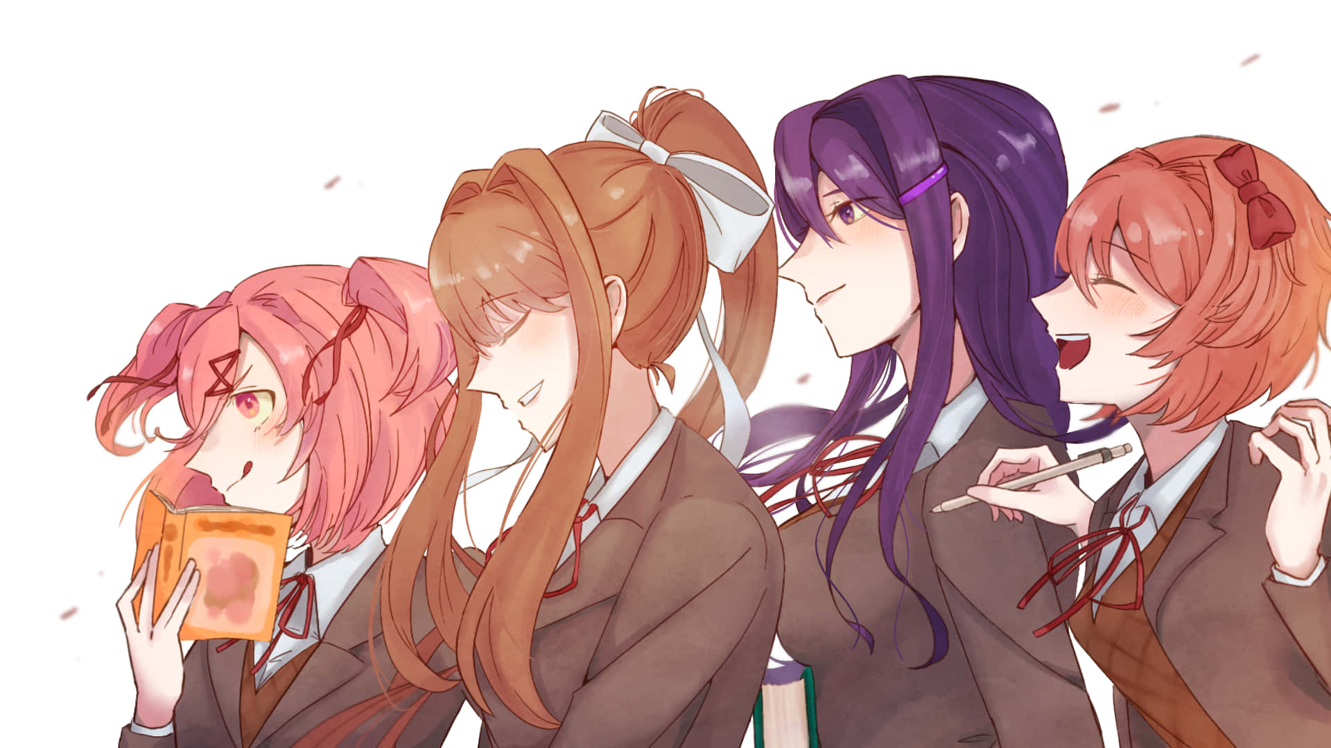 Three schoolgirls share a colorful moment in the world of Ddlc.