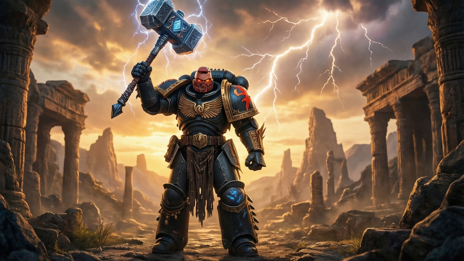 Hammer of the Ancients Wallpaper — A heavily armored warrior with a glowing hammer stands defiantly amidst ancient ruins as lightning cracks across a fiery sunset sky.