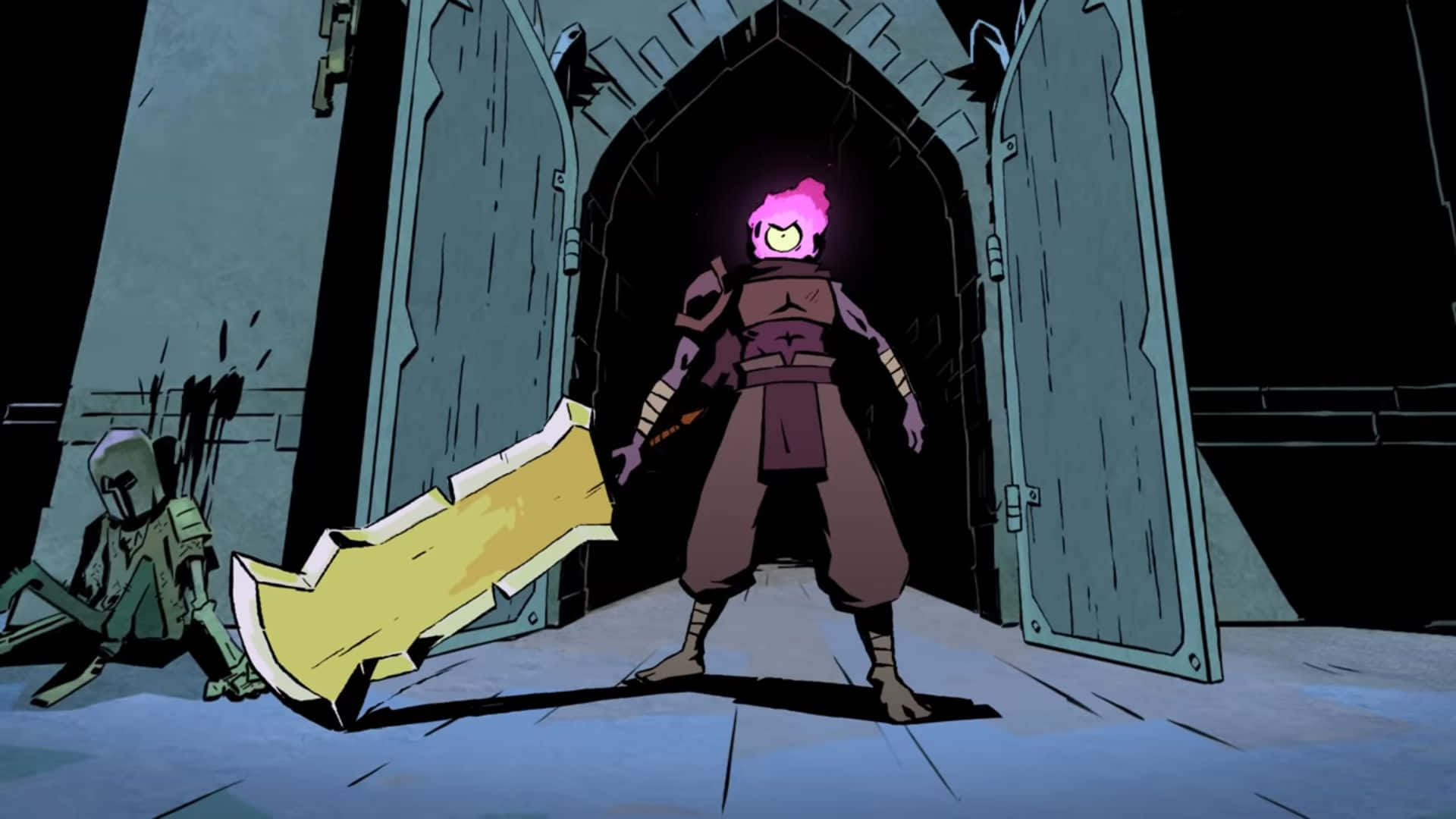 Dead Cells Hero Standing At Dungeon Entrance Wallpaper