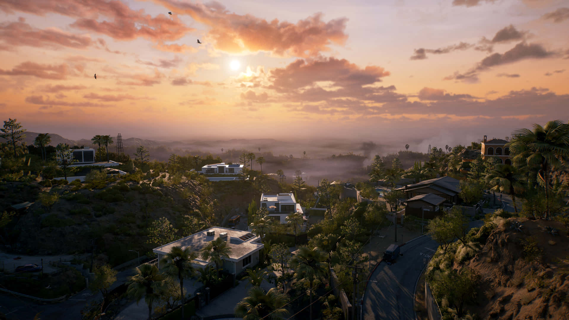Dead Island2 Sunset Over Zombie Infested Town Wallpaper