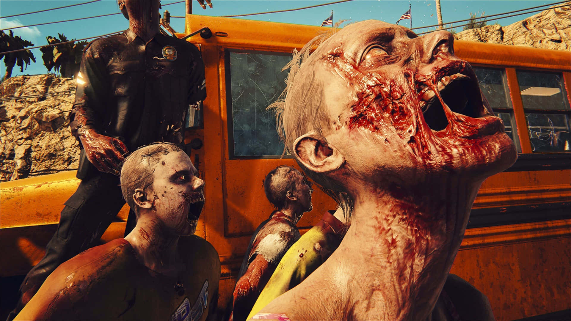 Dead Island2 Zombie Horde Beside School Bus Wallpaper