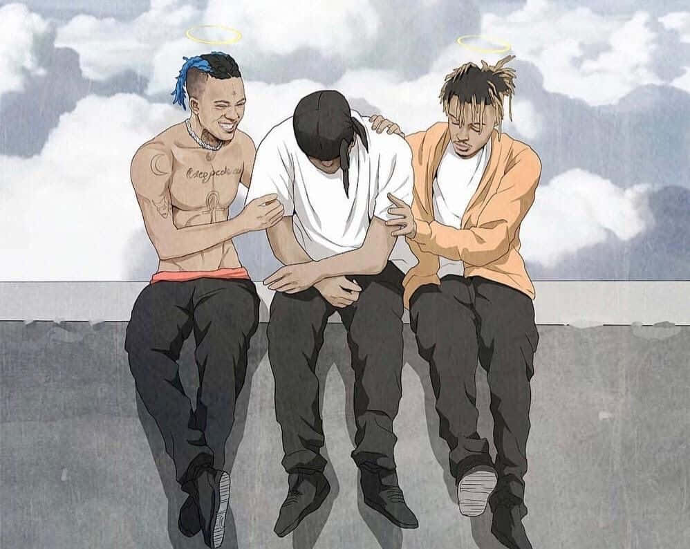 Tre mænd siddende på en kant med skyer over dem Wallpaper