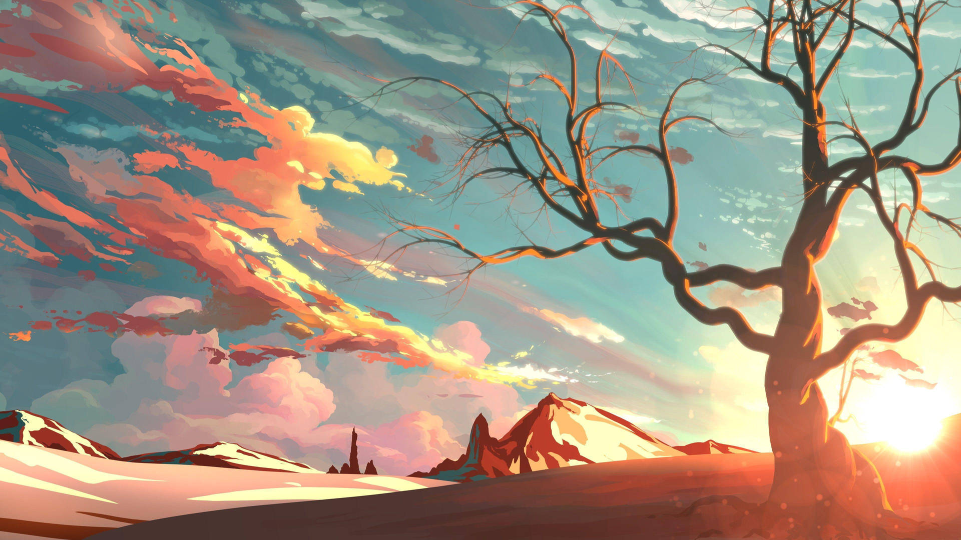 Dead Tree And Sunrise Digital Art Wallpaper
