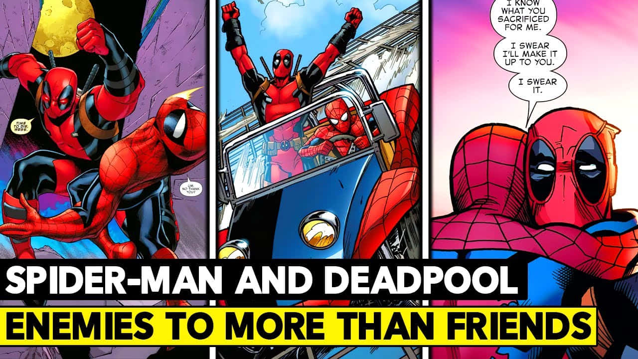 Deadpooly Spiderman Columpiándose Por La Ciudad. Fondo de pantalla