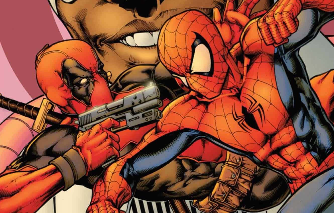 Deadpooly Spiderman Uniendo Fuerzas En Acción. Fondo de pantalla