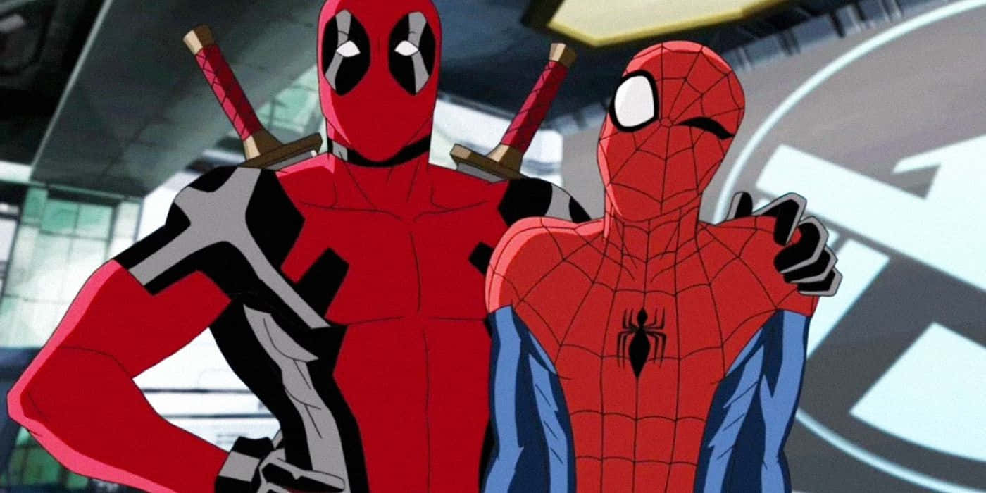 Deadpooly Spiderman Se Unen En Una Épica Aventura De Cómics. Fondo de pantalla