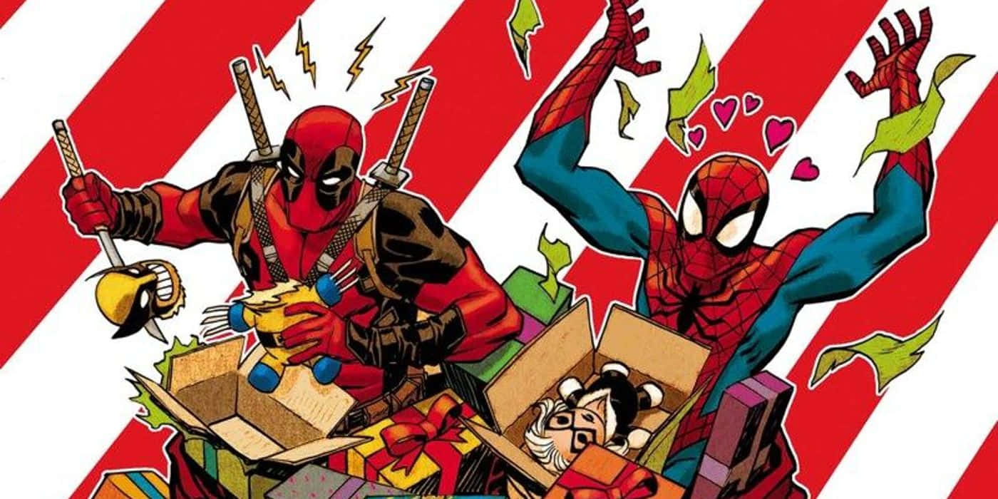 Deadpooly Spiderman Balanceándose Juntos En Acción. Fondo de pantalla