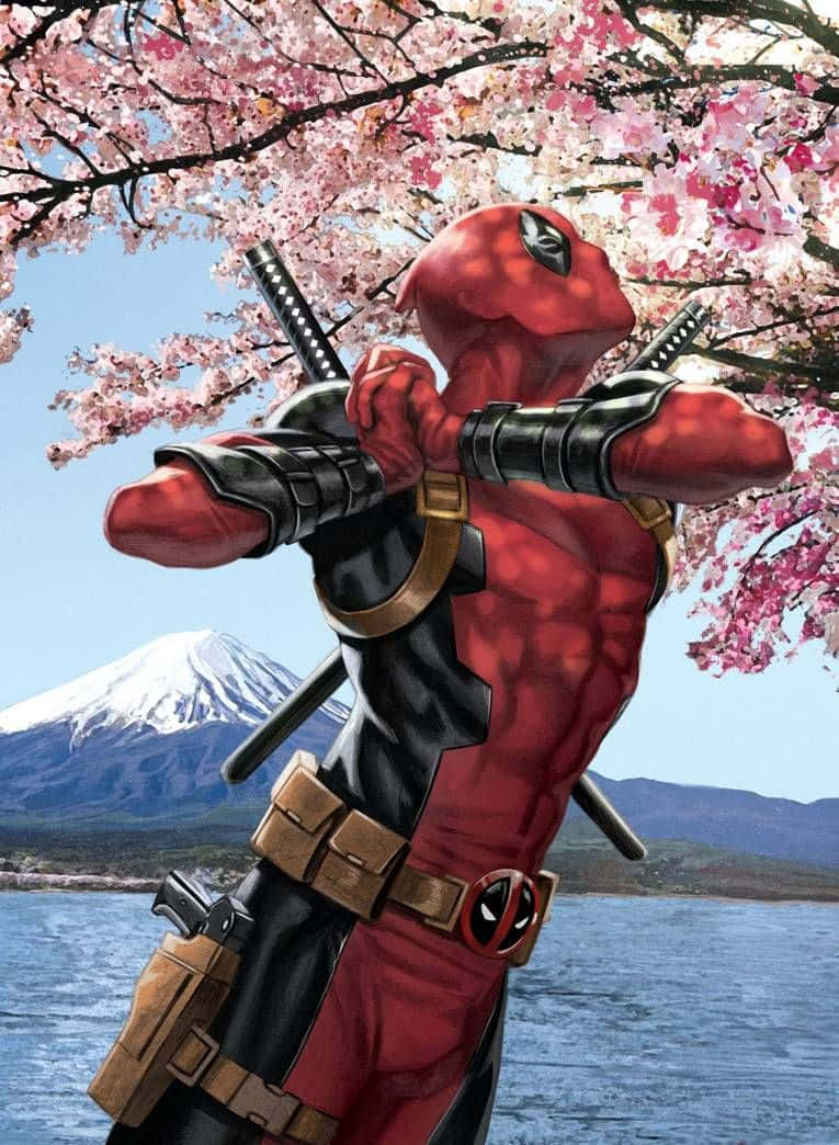 Vibrant Deadpool Artwork with a High-Flying Hero Wallpaper