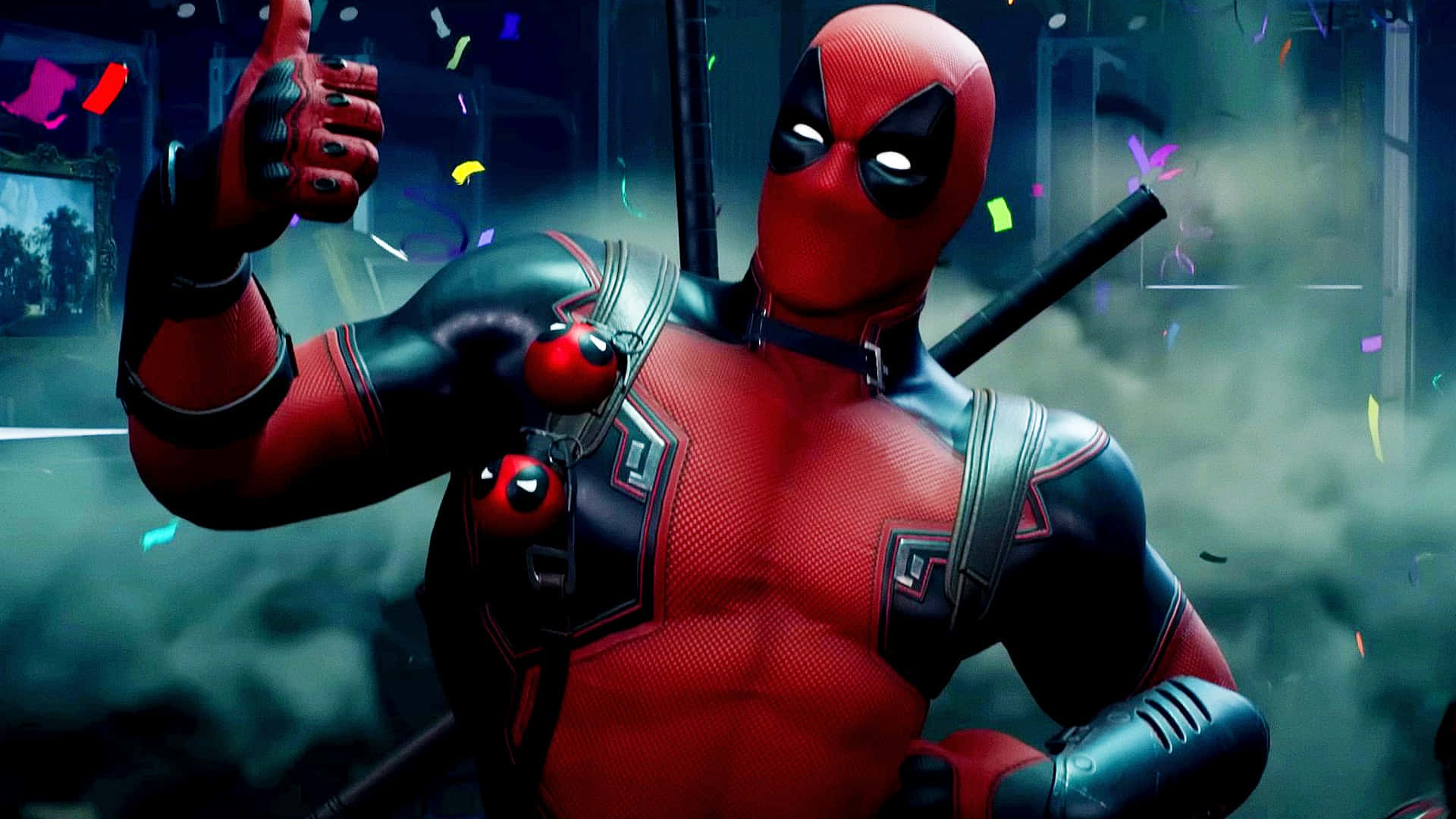 Deadpool Background Thumbs-Up With Smoke And Confetti